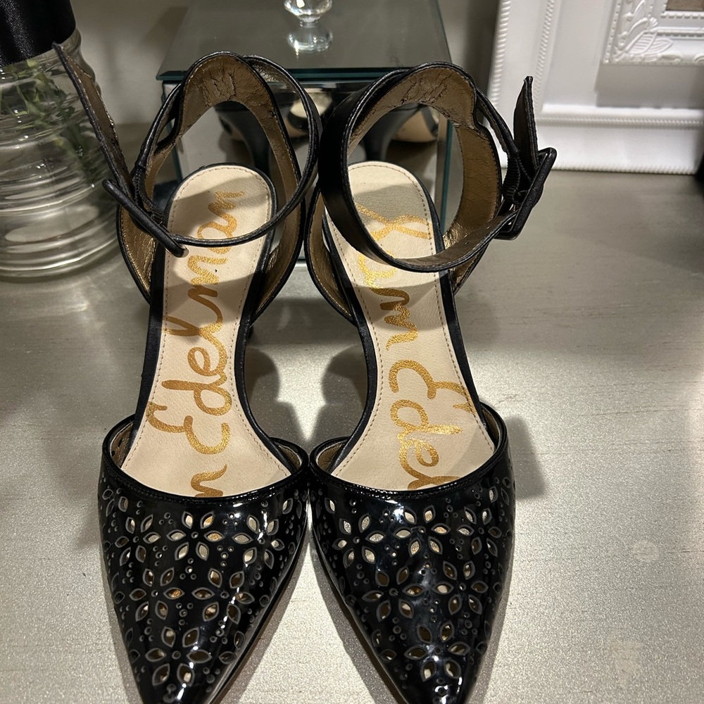 Sam Edelman Black Laser-Cut Pointed-Toe Ankle Strap Heels